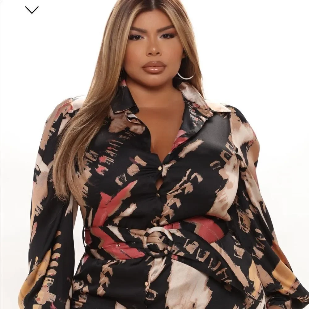NWT Fashion Nova Avita Satin Shirt Dress - Black/combo - Size 3X